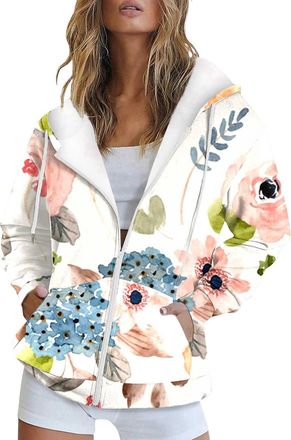 Generic Womens Hoodies Pullover Fashion Autumn and Winter Warm Colorful Retro Flower Print Casual Pocket Long Sleeve Drawstring Hooded Jacket Zipper Ladies Ho