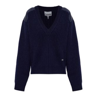 Ganni Truien & Vesten, Dames, Blauw, XS, Wol, Wol&shy;len V-hals Trui