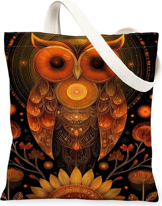 Generic Artistic Owl Canvas Tote Bags, Vintage Floral Design Lightweight Washable Reusable Grocery Bags, Perfect for Summer Travel, Black, 13x15 Inch
