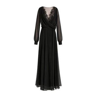 Alberta Ferretti Vestido Largo de Gasa de Seda con Inserciones de Encaje - Dresses - Mujer - Negro - XL
