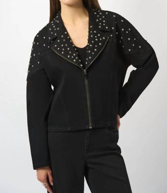 Joseph Ribkoff Studded Stretch Denim V-Neck Jacket In Black