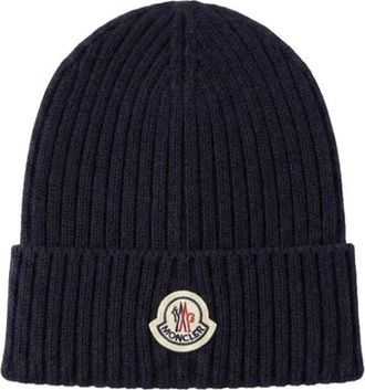 Moncler Ribbed Merino Beanie - unisex - Hoeden - Blauw - M - Wol - Accessoires