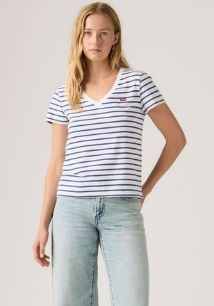 Levi's V-Shirt LEVIS PERFECT VNECK, Damen, Gr. XS (34), hellwei&szlig; sunshine blau, Single Jersey, Obermaterial: 100% Baumwolle, gestreift, figurbetont normal, V
