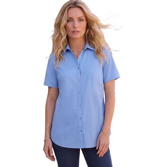 Roaman's Plus Size Kate Short Sleeve Easy Cotton-Blend Button-Front Shirt in French Blue at Nordstrom, Size 34