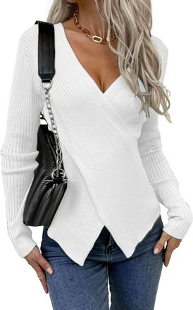 Generic Womens 2025 Fall Cropped Sweater Sexy Twist Front V Neck Long Sleeve Pullover Knit Jumper Tops White Medium