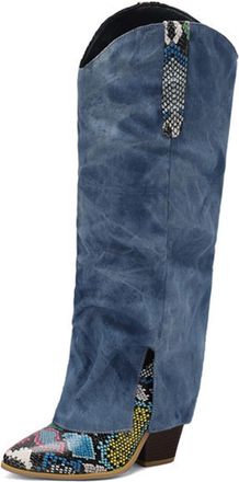 Generic MiaZane Womens Fashion Denim Suede Patchwork Knee-High Boots Pointed Toe Chunky High Heel Long Dress Boots for Autumn & Winter Streetwear,Green,4.5 UK