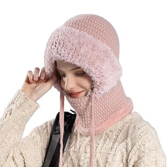 Generic 3 in 1 Beanie Hat for Women,3 in 1 Beanie Hat with Scarf and Mask,Cold Resistant Knit Hooded Scarf and Neck Warmer (Peach)