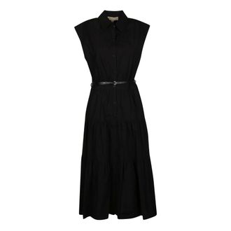 Michael Kors Shirt Dresses, female, Black, Size: XS Belted Cotton Poplin Sleeveless Shirtdress