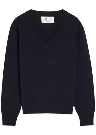 R&oacute;he V-neck Stretch-wool Jumper - Navy - 34 (UK6 / XS)