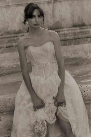 Watters Serge Strapless Basque-Waist Lace Midi Dress