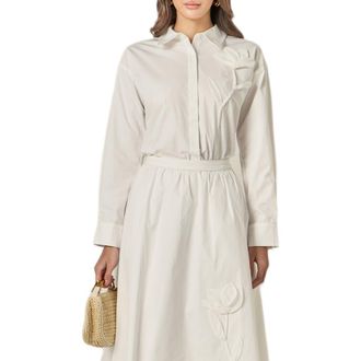 English Factory Appliqu&eacute; Long Sleeve Cotton Shirtdress in White at Nordstrom, Size X-Small