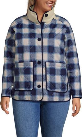 Lands End High Pile Fleece Reversible Mixed Media Long Jacket in Ivory/navy Check at Nordstrom, Size 1 X