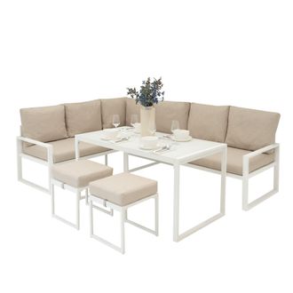 Jardi Set Mobili Da Giardino In Alluminio 7 Posti Divano Angolare Da Esterno Con Tavolo Da Pranzo In Vetro Temperato E 2 Sgabelli, Cuscini Lavabili, Copertu