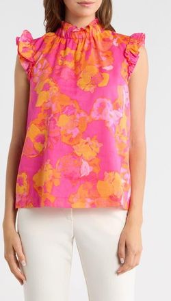 Sugarlips Elaris Zoie Floral Ruffle Cotton Top in Fuchsia Orange Multi at Nordstrom, Size X-Large