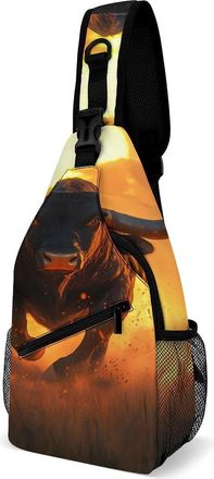 Generic Angry Running Bull Sunset Mens Shoulder Bags Sling Crossbody Backpack Travel Hiking Chest Bag with Small Side 38x20cm