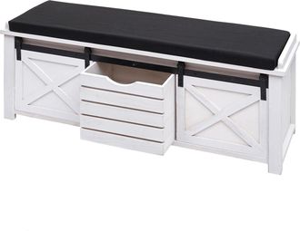 Hhg Hhg - Banco Con Compartimentos De Almacenaje 596, Banco Tapizado Asiento Cajonera, Aspecto Shabby Madera Maciza Metal Tela 43x102x33cm, Blanco