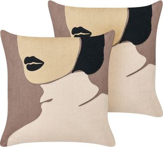 Beliani Conjunto De 2 Cojines De Algod&oacute;n Marr&oacute;n Negro Beige 45 X 45 Cm Cara Mujer Silphium