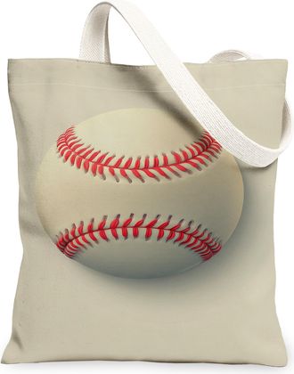 Generic Baseball Pattern Canvas Tote Bags, Sporty Design Lightweight Washable Shoulder Bags for Gym Outdoor Travel Beach Picnic, Beige, 13x15 Inch