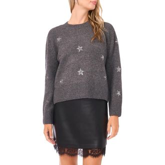 Vince Camuto Sequin Star Detail Crewneck Sweater in Medium Heather Grey at Nordstrom Rack, Size Xx-Small