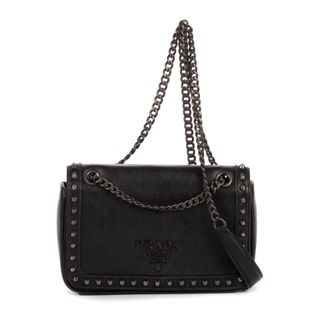 Prada Pre-owned Womens Studded Flap Crossbody Shoulder Bag - Black - One Size