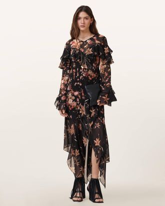 AllSaints Polyester Fresca Floral Print Dress, Size: UK 12/US 8