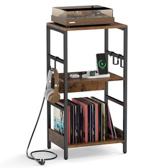 Costway Costway Supporto Per Giradischi A 3 Livelli, Mobile Porta Giradischi In Legno Con Stazione Di Ricarica E 3 Ganci, Scaffale Per Dischi Industriale Per 