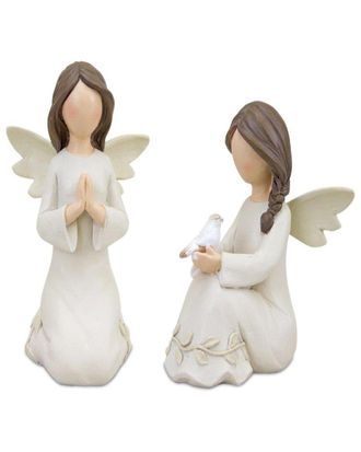 Melrose International Set Of 2 Beige Angel Figurine With Raised Floral Accent
