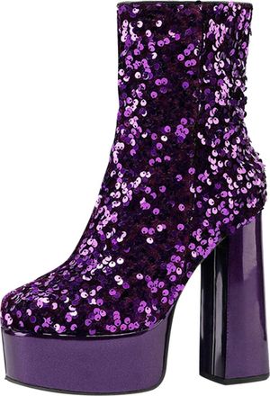 Generic Women Autumn Winter Fashion Ankle Boots with Sequin Decorations Shiny Thick Heel Platform Design for Ultimate Comfort and Style (Purple, 6.5)