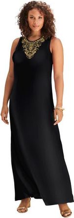 Roaman's Plus Size Sleeveless Crew Neck Maxi Dress in Black Gold Scroll at Nordstrom, Size 32
