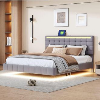 OEM Cabecero Acolchado - 160x200 Cm - Cabecero Ajustable - Iluminaci&oacute;n Led - Tela De Lino Gris