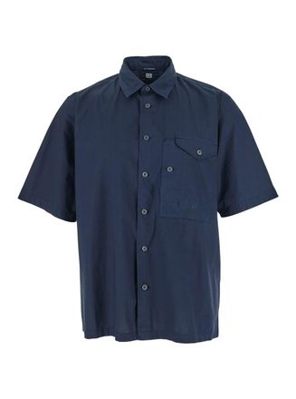 C.P. Company Blue Shirt With Classic Collar And Logo Lettering Embroidery On The Front In Cotton Man