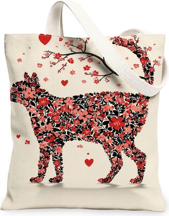 Generic Floral Cat Canvas Tote Bags, Designer Animal Pattern Reusable Grocery Bags, Lightweight Washable Shoulder Strap Canvas for, Beige, 13x15 Inch