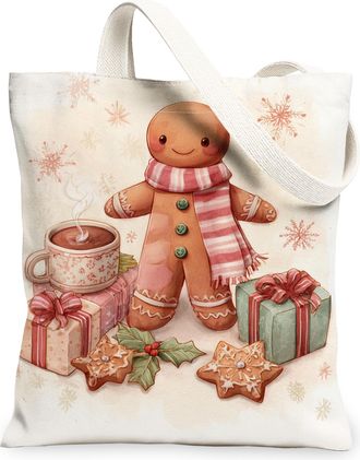 Generic Christmas Gingerbread Canvas Tote Bags, Holiday Decor Pattern Reusable Bags, Winter Lightweight Washable Shoulder Strap Can, Cream, 13x15 Inch