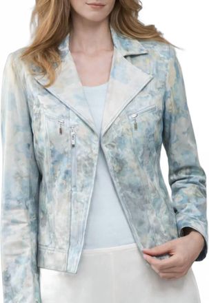 Insight Printed Vegan Moto Leather Jacket In Blue Mist