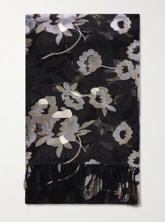 Valentino Garavani Sciarpa In Misto Seta Jacquard Floreale Con Frange - Nero