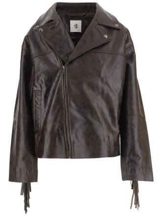 The Garment Fringed Brown Leather Jacket With Asymmetrical Zipper