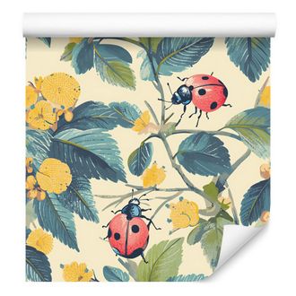 OEM Carta Da Parati Con Coccinelle, Color Crema E Turchese, Per Soggiorno E Camera Da Letto, 50x1000 Cm