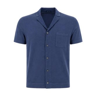Drumohr Short Sleeve Shirts, male, Blue, Size: 2XL Ribbed Short Sleeve Shirt