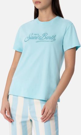 MC2 Saint Barth Woman Water Green Cotton Jersey Crewneck T-shirt Emilie With Rhinestones