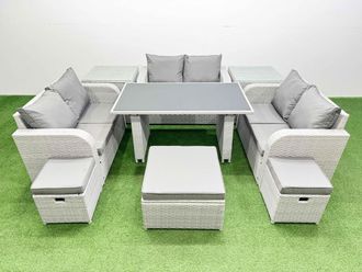 Fimous 9 Seater Patio Garden Furniture Sets with 2 Side Tables 3 Stool in Light Grey