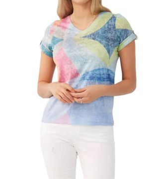 FDJ V Neck Short Sleeve Top In Painted Tile