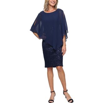 S.L. Fashions Chiffon Capelet Floral Lace Cocktail Dress in New Navy at Nordstrom, Size 18