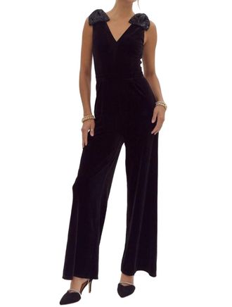 Entro Wide Leg Jumpsuit With Sequin Bow Shoulder In Black