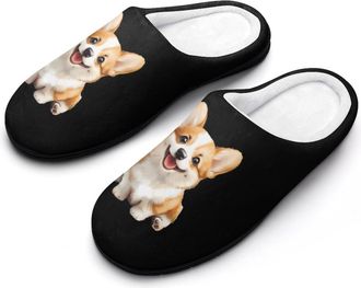 Generic Cute Corgi Dog Mens Slippers Slip On Comfortable Fleece Cotton House Shoes Winter