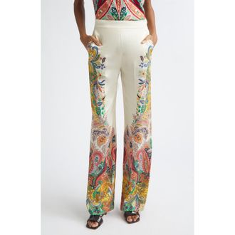 Etro Placed Paisley Print Satin Pants in Print On White Base at Nordstrom, Size 10 Us