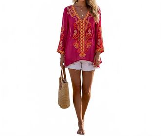 Boston Proper Beaded Resort Embroidered Sheer Tunic Top In Multi Pink