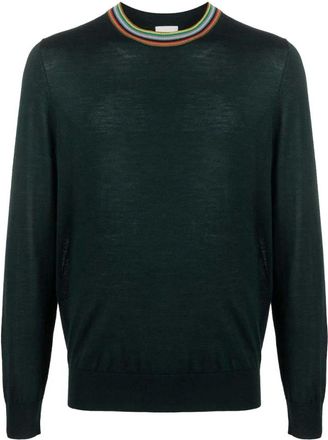 Paul Smith Wool-Silk Stripe Sweater - Heren - Ronde hals truien - Groen - 2XL - Wol - Truien & Vesten