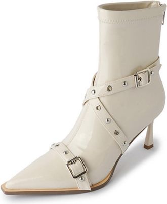 Generic Womens Patent Leather Punk Boots with Zipper Pointed Toe Short Boots with Buckle Stiletto High Heel Gothic Motorcycle Boot,Beige,3.5 UK