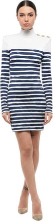 Balmain Blue Stripes Mock Collar Mini Dress