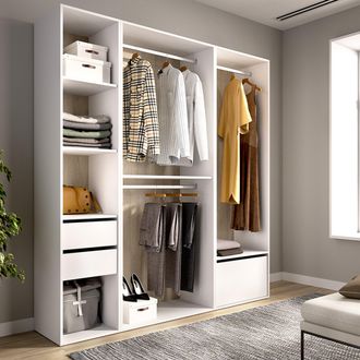 Dmora Guardarropa Grande Keener, Armario Modular, 7 Estantes, Barra Colgador, 45x205h Cm Blanco